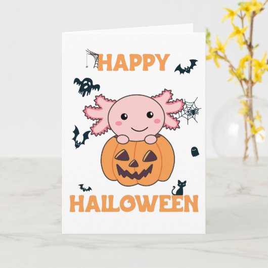 Axolotl in pompoen en zoete Axolotls Happy Hallowe Kaart (Gele Bloem)