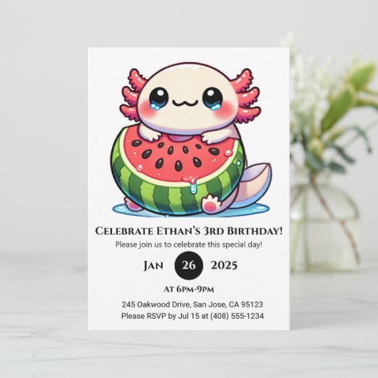 Axolotl in Watermelon Float Birthday Kaart (Staand voorkant)