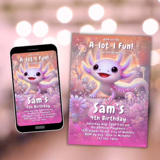 Axolotl Invitation Anniversaire Filles Pink Axolot