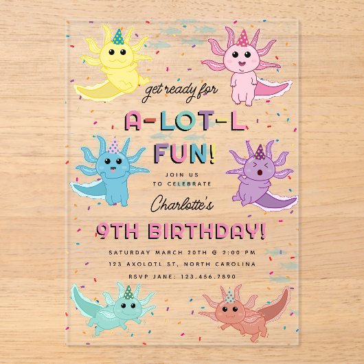 Axolotl Kinder Schattigee Salamander Verjaardagsfe Acryl Uitnodigingen (Voorkant)