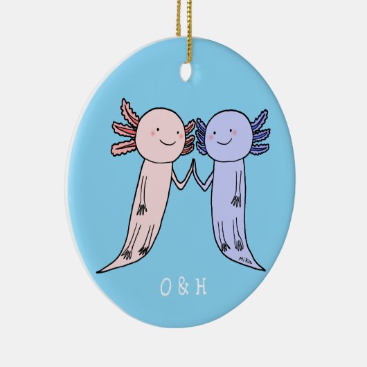 Axolotl paar unieke aangepaste naam eerste kerst keramisch ornament (Rechts)