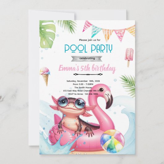 Axolotl Pool party theme invitation (Devant)