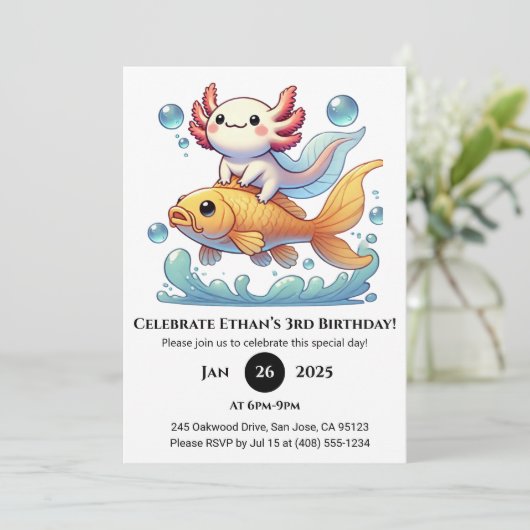 Axolotl Riding Goldfish Birthday Kaart (Staand voorkant)