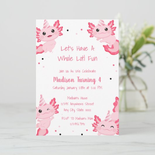 Axolotl Roze Meisje Alotl Leuk Verjaardagsfeestje Kaart (Staand voorkant)