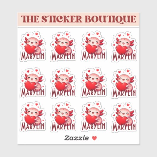 Axolotl Sticker Pack van Custom Name Valentijn (Vel)