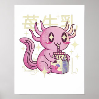 Axolotl Strawberry Milk Japan Style Japanse Kawai Poster