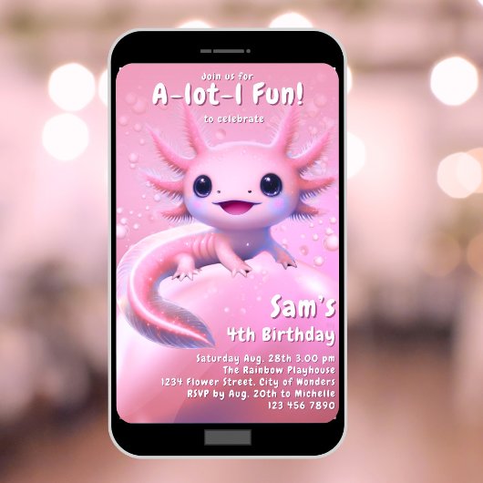 Axolotl Verjaardag Uitnodiging Meisje Roze Axolotl