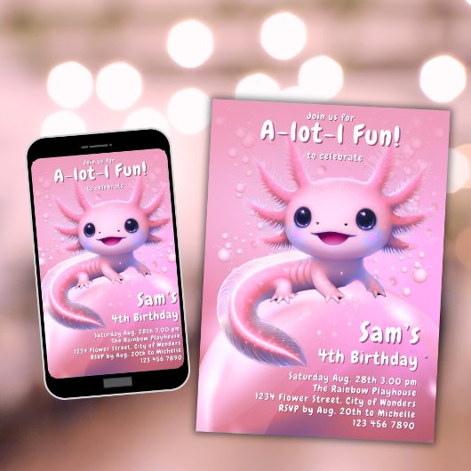 Axolotl Verjaardag Uitnodiging Meisje Roze Axolotl
