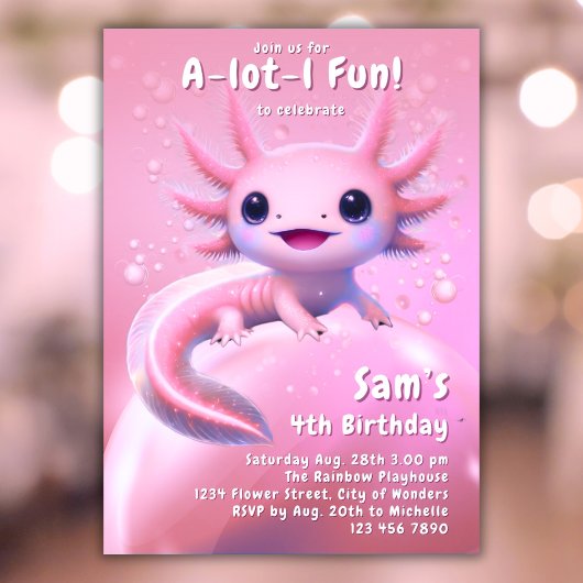 Axolotl Verjaardag Uitnodiging Meisje Roze Axolotl