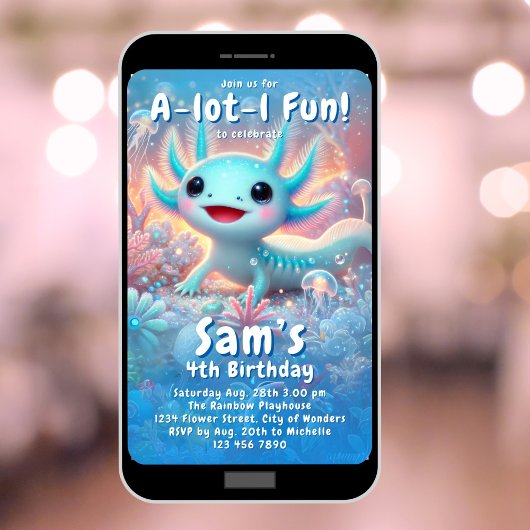 Axolotl Verjaardag Uitnodiging Neon Boy Axolotl Pa