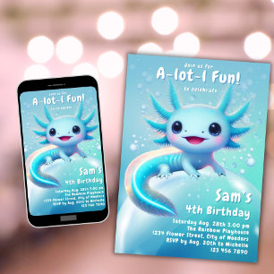 Axolotl Verjaardag Uitnodiging Neon Boy Axolotl Pa