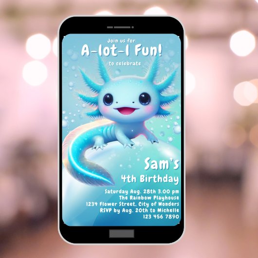 Axolotl Verjaardag Uitnodiging Neon Boy Axolotl Pa
