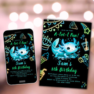 Axolotl Verjaardag Uitnodiging Neon Boy Axolotl Pa
