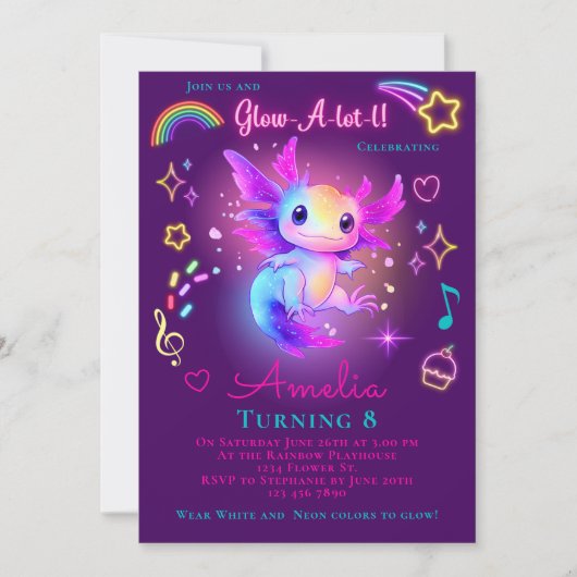 Axolotl Verjaardag Uitnodiging Neon Glow Axolotl (Voorkant)