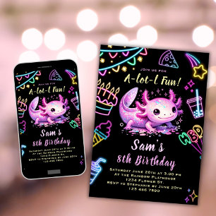 Axolotl verjaardagsuitnodiging Neon Axolotl Party Kaart