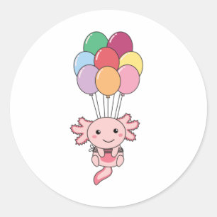 Axolotl vliegt op met kleurrijke ballonnen ronde sticker