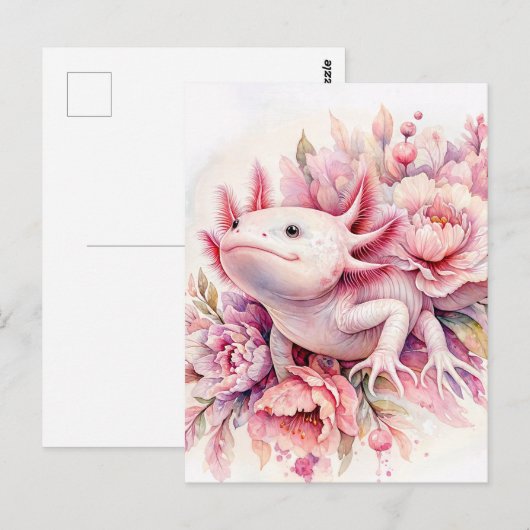 Axolotl Waterverf Roze Bloemen Briefkaart (Voorkant / Achterkant)