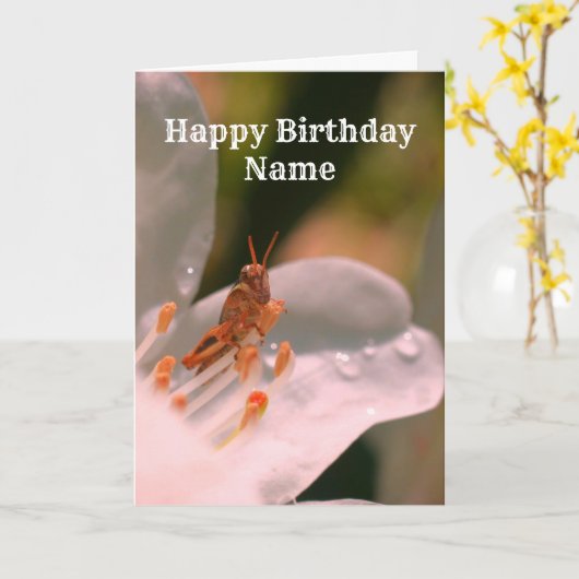 Azalea en Grasshopper persoonlijke Birthday Kaart (Gele Bloem)