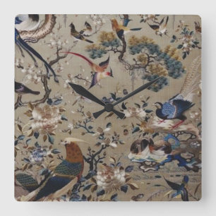 Aziatisch, antiek, zijde, schilderij, natuur, voge vierkante klok