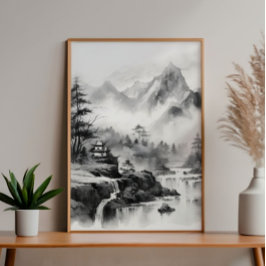 Aziatisch huis in bergen Inkt Schilderen Foto Afdruk