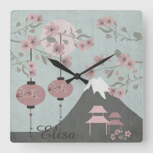 Aziatisch landschap bloeien berglantaarns kunst vierkante klok