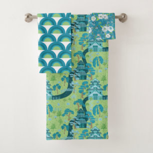 Aziatisch patroon blauwgroen bad handdoek