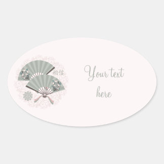 Aziatische bloemen groene fans "Geloof" digitale k Ovale Sticker