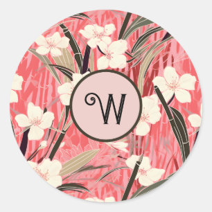 Aziatische Bloemige Roze Perzik Witte Chinoiserie Ronde Sticker