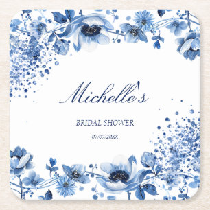 Aziatische Chinoiserie Lichtblauw Bloemen Bridgert Vierkante Kartonnen Onderzetter