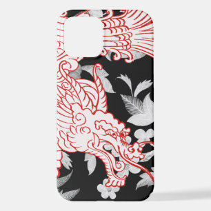 Aziatische draak - White op Black Floral iPhone Ca 12 Hoesje