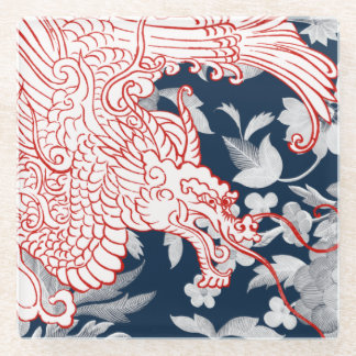 Aziatische draak - wit en rood op blauwe bloemen glazen onderzetter