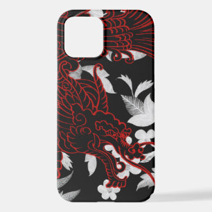 Aziatische draak - Zwart op Black Floral iPhone Ca 12 Hoesje