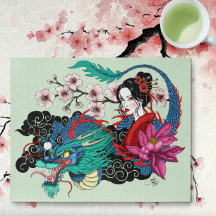 Aziatische Geisha Draak Kersenbloesem Blauw Legpuzzel