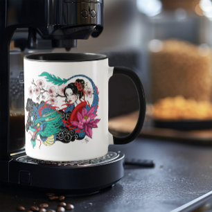 Aziatische Geisha Draak Kersenbloesem Blauw Mok