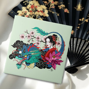 Aziatische Geisha Draak Kersenbloesem Blauw Tegeltje