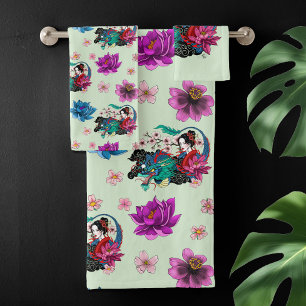 Aziatische Geisha Draak Kersenbloesems Blauw Bad Handdoek