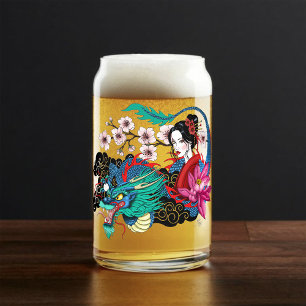 Aziatische Geisha Draak Kersenbloesems Blauw Blikvorm Glas