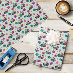 Aziatische Geisha Draak Kersenbloesems Blauw Cadeaupapier