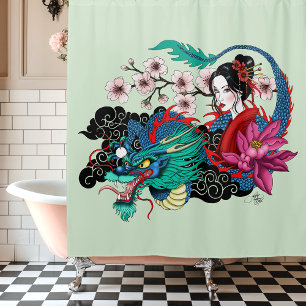 Aziatische Geisha Draak Kersenbloesems Blauw Douchegordijn