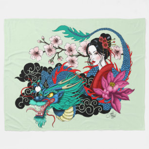 Aziatische Geisha Draak Kersenbloesems Blauw Fleece Deken