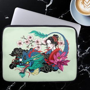 Aziatische Geisha Draak Kersenbloesems Blauw Laptop Sleeve