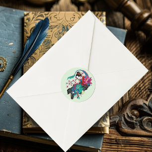 Aziatische Geisha Draak Kersenbloesems Blauw Ronde Sticker