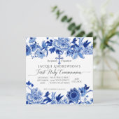 Aziatische Influence Blue White Floral First Commu Kaart (Staand voorkant)