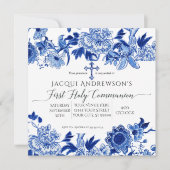 Aziatische Influence Blue White Floral First Commu Kaart (Voorkant)