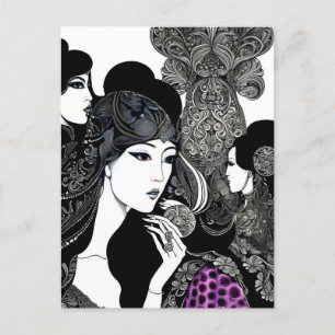 Aziatische inkt vrouw kunst, Postcrossing Briefkaart