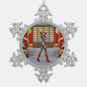 Aziatische krijgsmeisje-fantasie-samurai-kunstwerk tin sneeuwvlok ornament