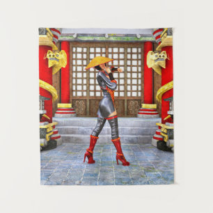 Aziatische krijgsmeisje-fantasie-samurai-kunstwerk wandkleed