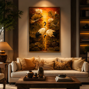 Aziatische liefde & vrede Lotus Kraanvogels Olie S Poster