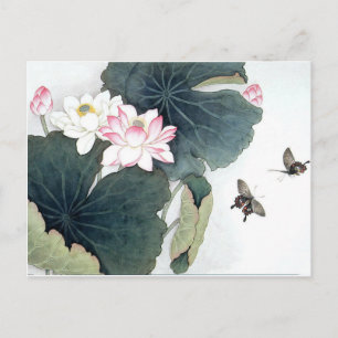 Aziatische Lotus Leaf Pink Flower Butterfly Art Co Briefkaart
