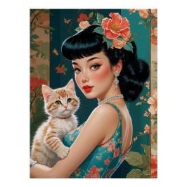 Aziatische Pin-Up en Schattigee Kitten Perfect Poster